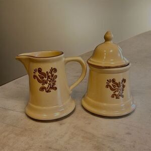 Vintage Cream Colored Pfaltzgraff Sugar Bowl with Lid and Creamer Pitcher